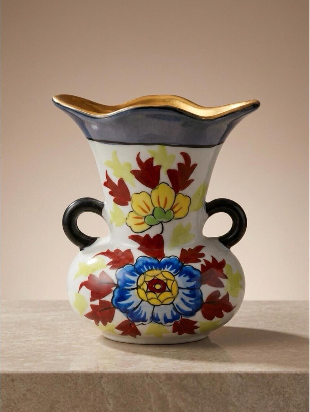 Vintage Hand-Painted Floral Ceramic Vase with Gold Trim and Dual Handles